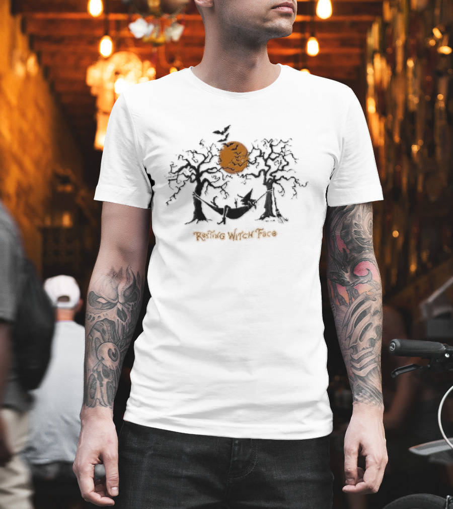 Resting Witch Face Halloween Hammock With Bats And Trees T-Shirt