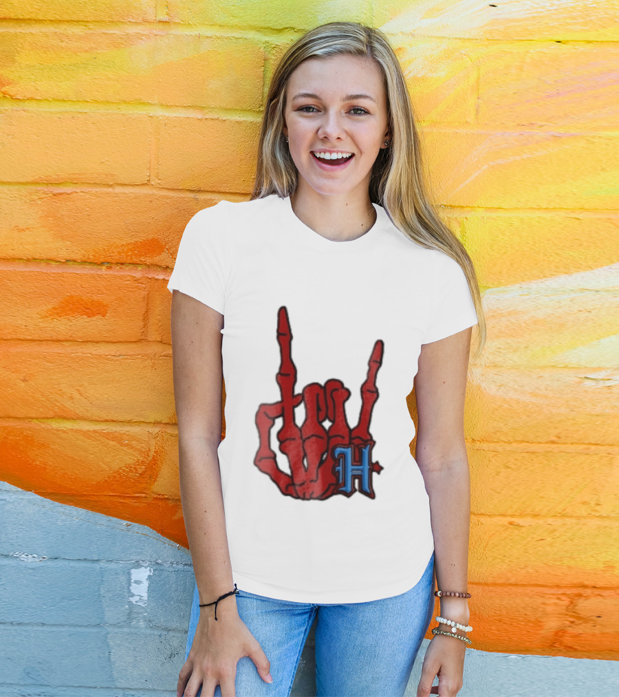 Red Skeleton Hand Sign With Blue H T-Shirt