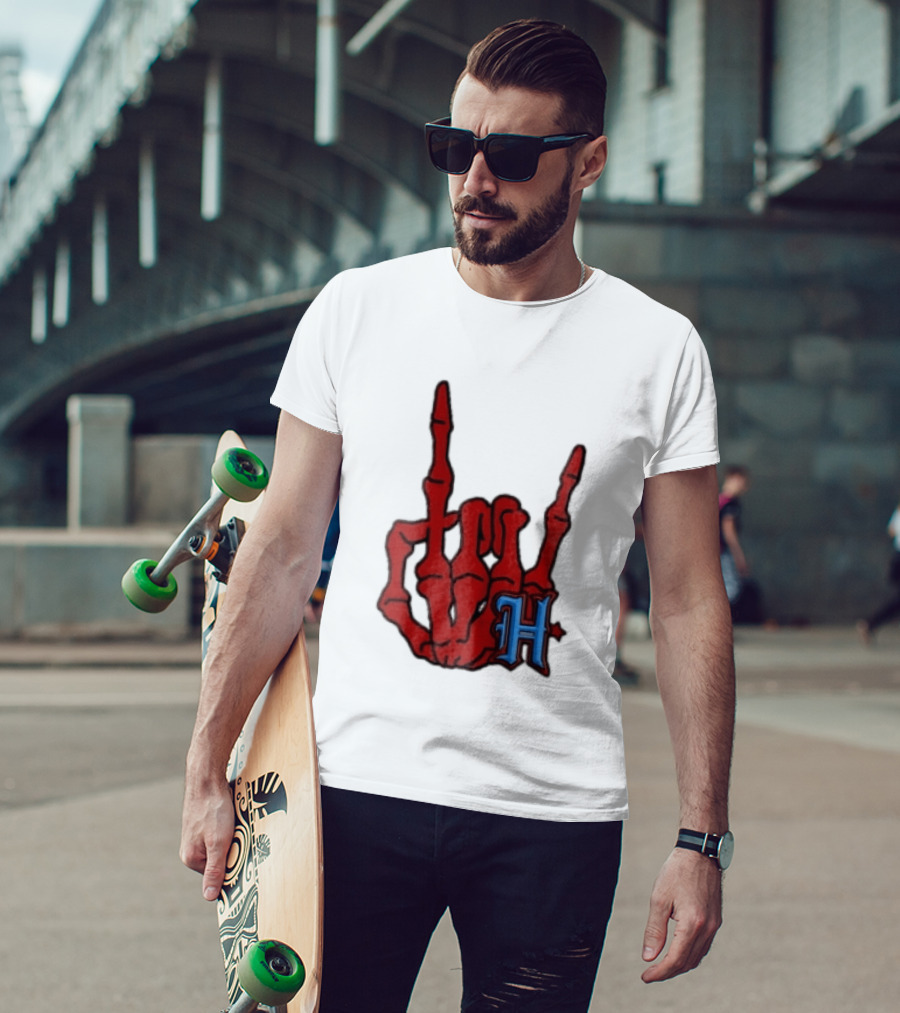Red Skeleton Hand Sign With Blue H T-Shirt