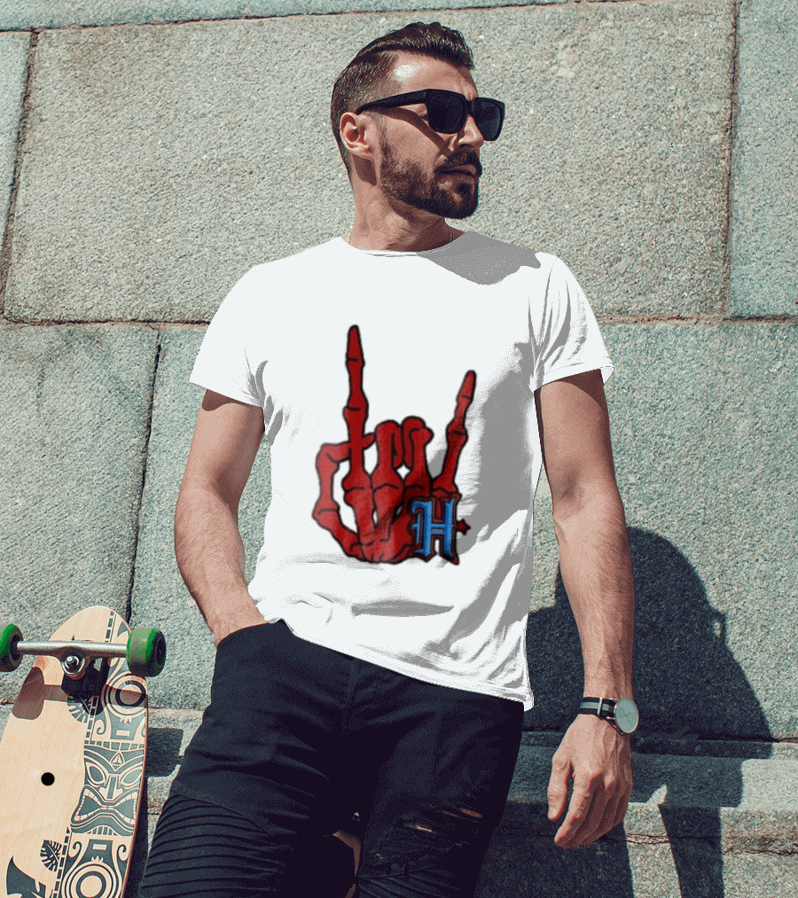 Red Skeleton Hand Sign With Blue H T-Shirt