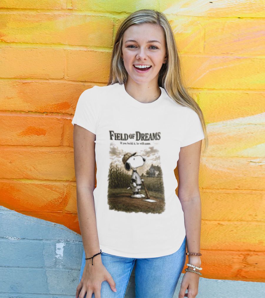 Snoopy Field Of Dreams If You Build It He Will Come Baseball Scene T-Shirt