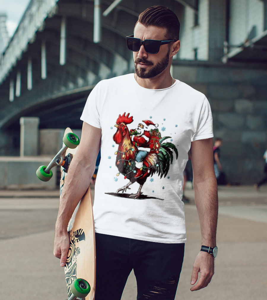 Caricature Santa Riding Rooster With Christmas Presents And Snowflakes T-Shirt