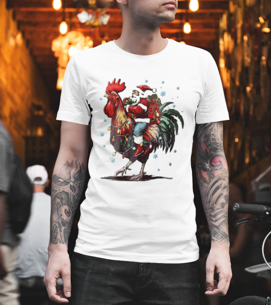 Caricature Santa Riding Rooster With Christmas Presents And Snowflakes T-Shirt