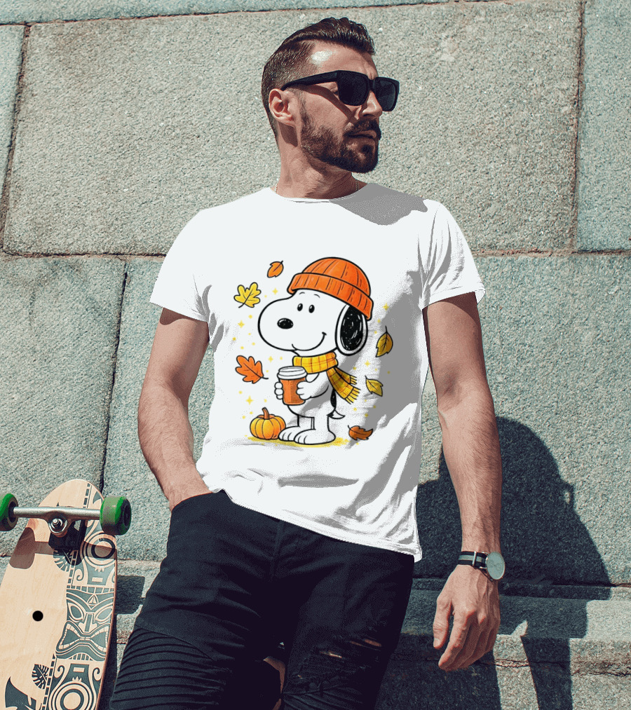 Snoopy Fall Autumn Coffee Pumpkin Leaves Warm Scarf Beanie Hat T-Shirt