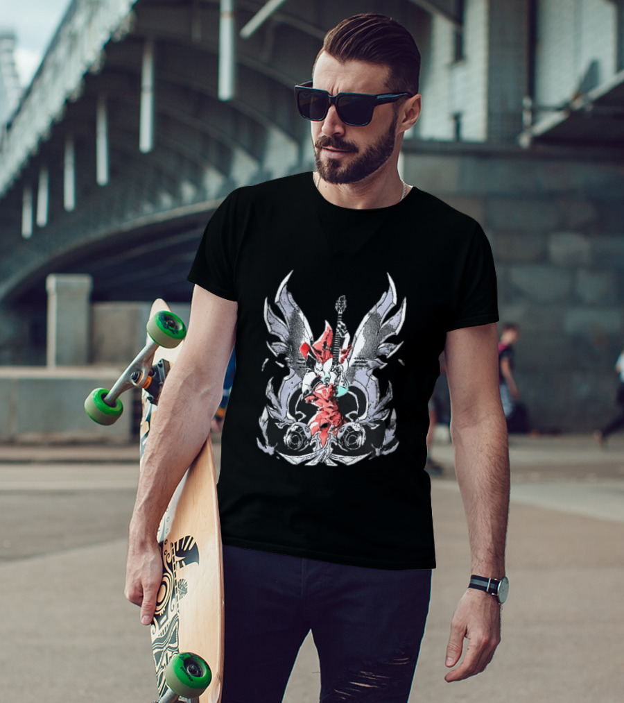 Anime Girl With Wings Holding Guitar Angelic Rock Star Fantasy T-Shirt