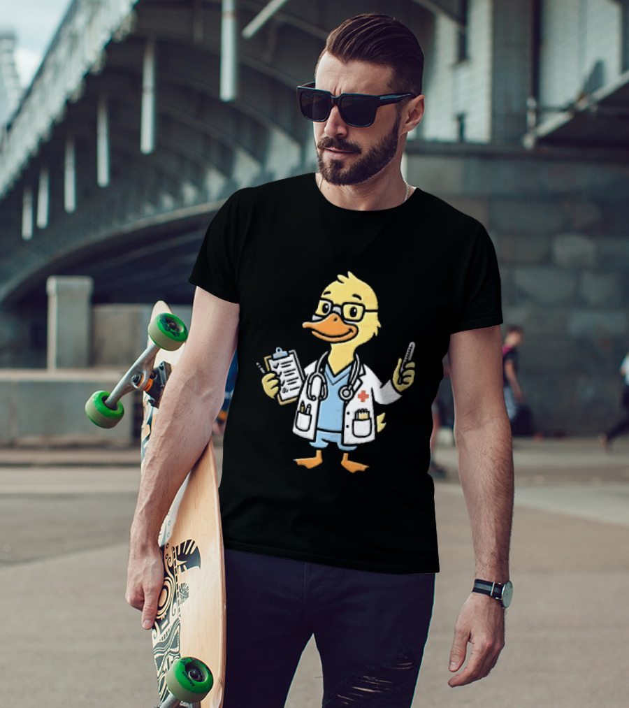 Cartoon Yellow Duck Doctor With Stethoscope Thermometer And Clipboard T-Shirt