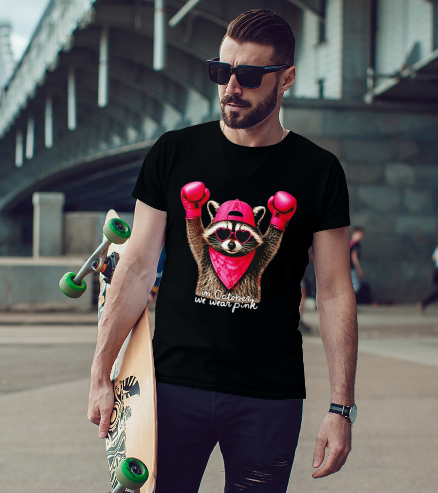 In October We Wear Pink Raccoon Breast Cancer Support Squad Boxing Gloves And Heart Glasses T-Shirt
