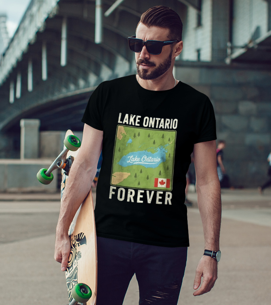 Lake Ontario Forever Distressed Map With Canadian Flag And Pine Trees T-Shirt