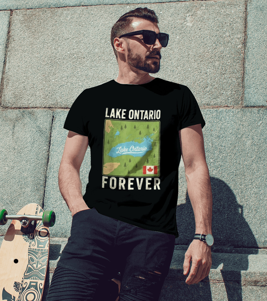 Lake Ontario Forever Distressed Map With Canadian Flag And Pine Trees T-Shirt
