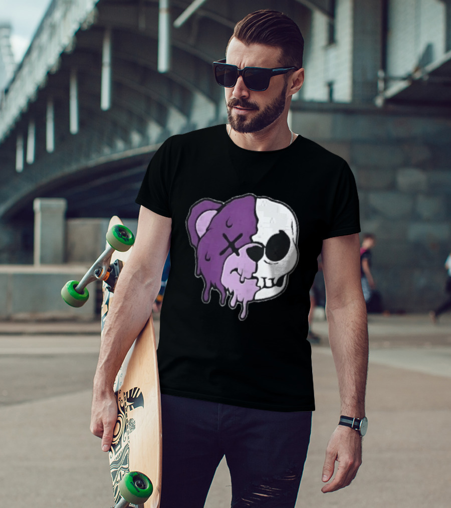 Dripping Purple Teddy Bear Skull Split Face Cartoon T-Shirt