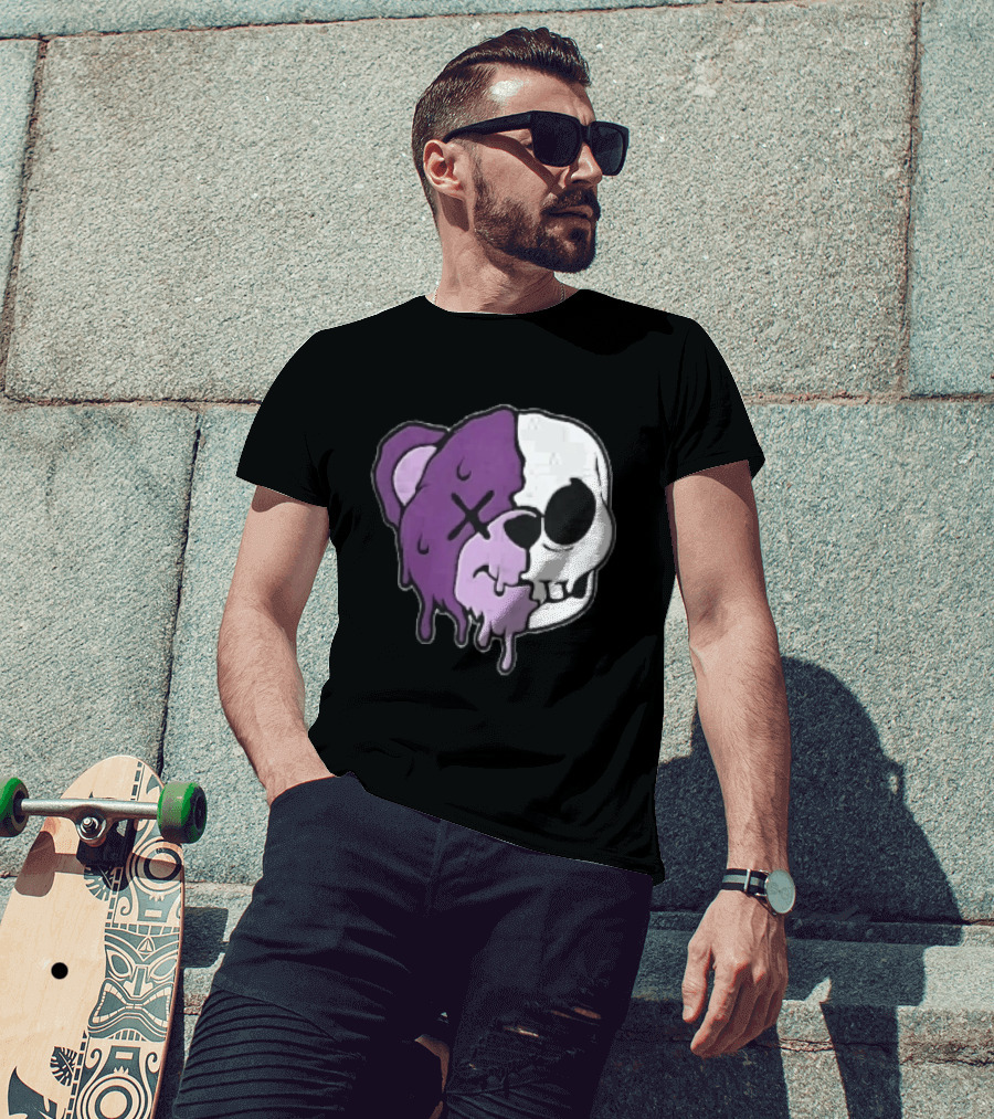 Dripping Purple Teddy Bear Skull Split Face Cartoon T-Shirt