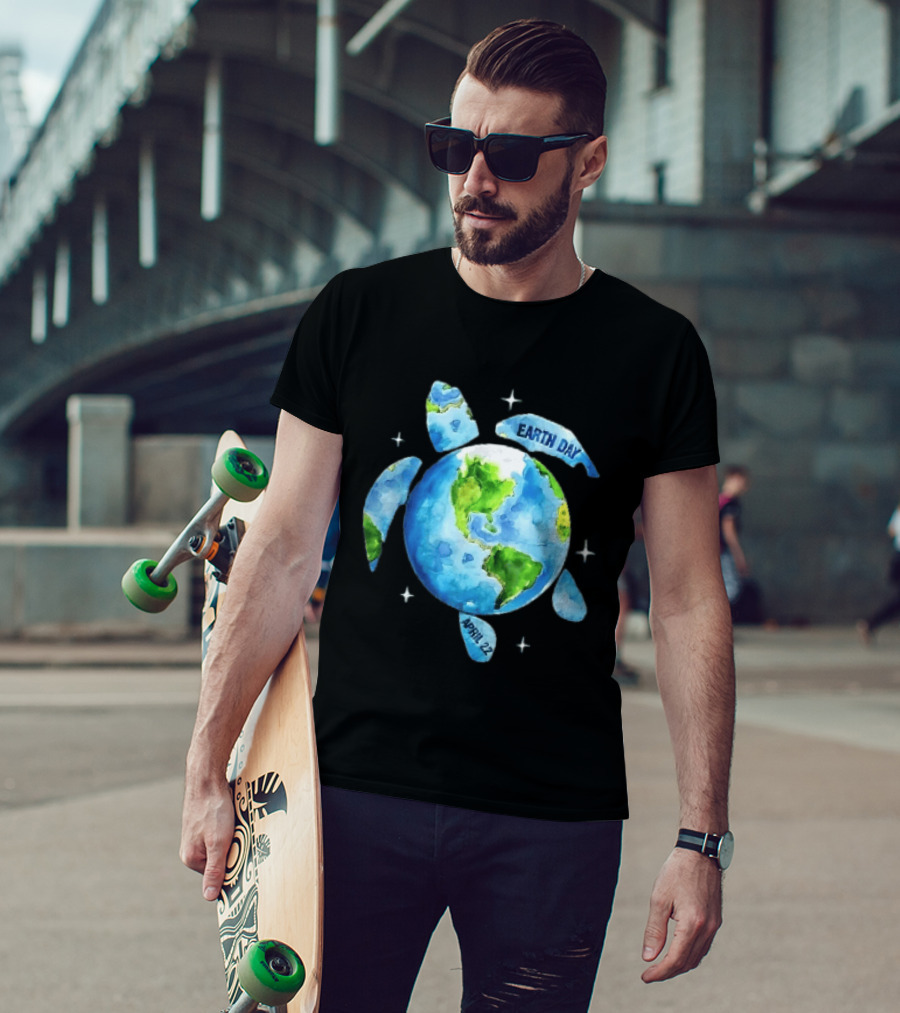 Earth Day April 22 Watercolor Globe Sea Turtle Outer Space T-Shirt