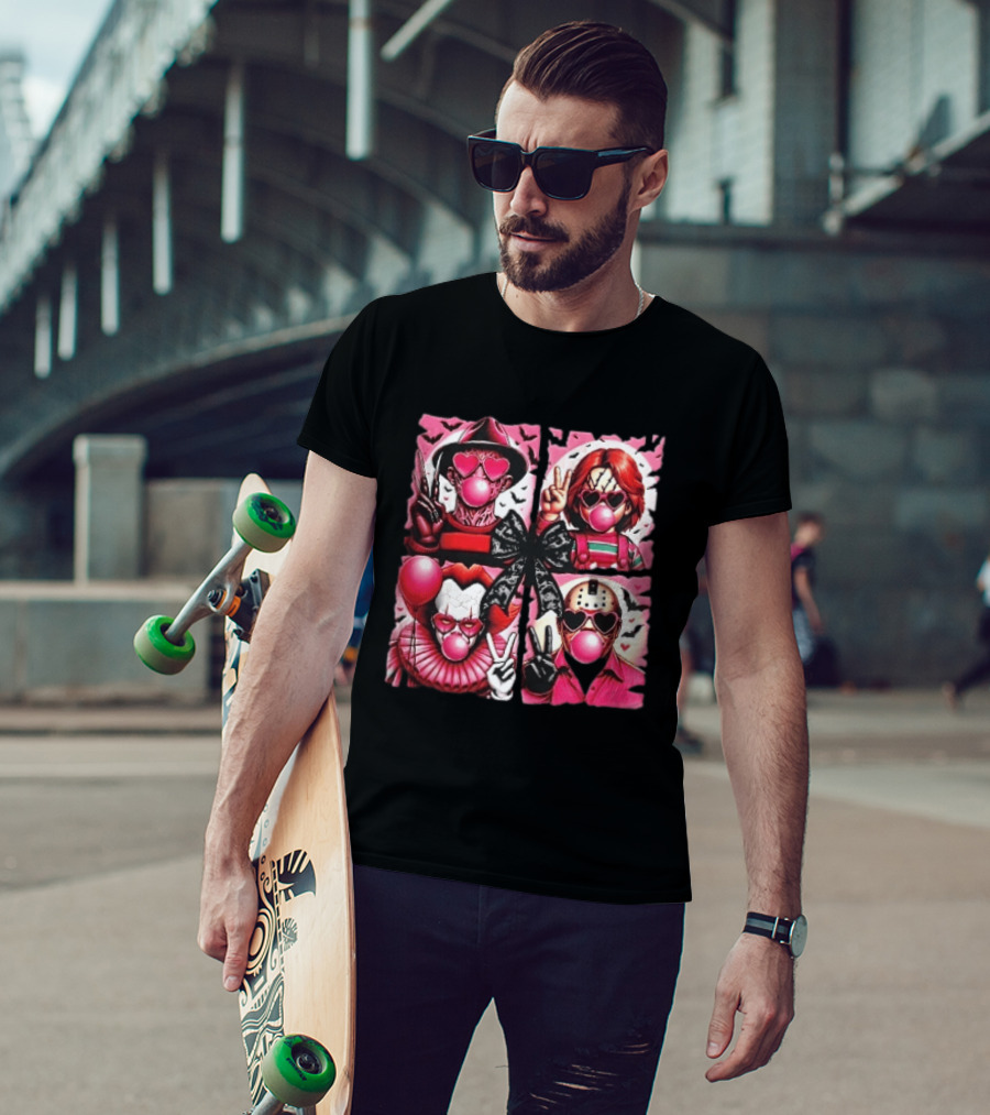 Heart Sunglasses Bubblegum Horror Villains With Peace Signs And Lace Bow T-Shirt