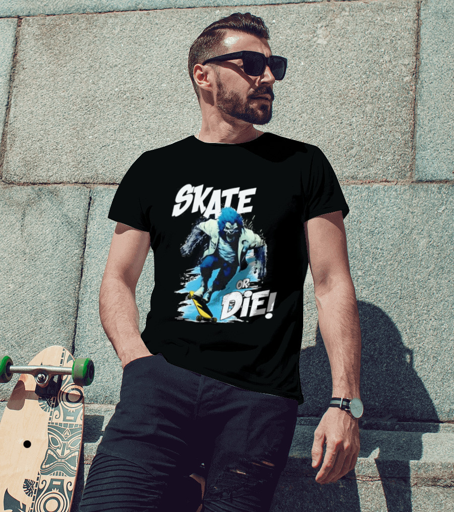 Skate Or Die Wolfy Classic Blue Werewolf Skateboarding T-Shirt
