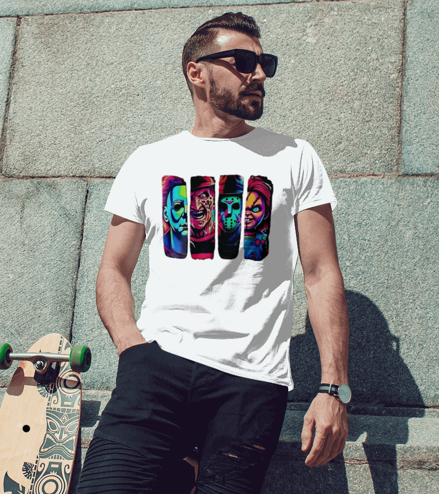 Fluorescent Horror Movie Slasher Faces Vertical Panels T-Shirt