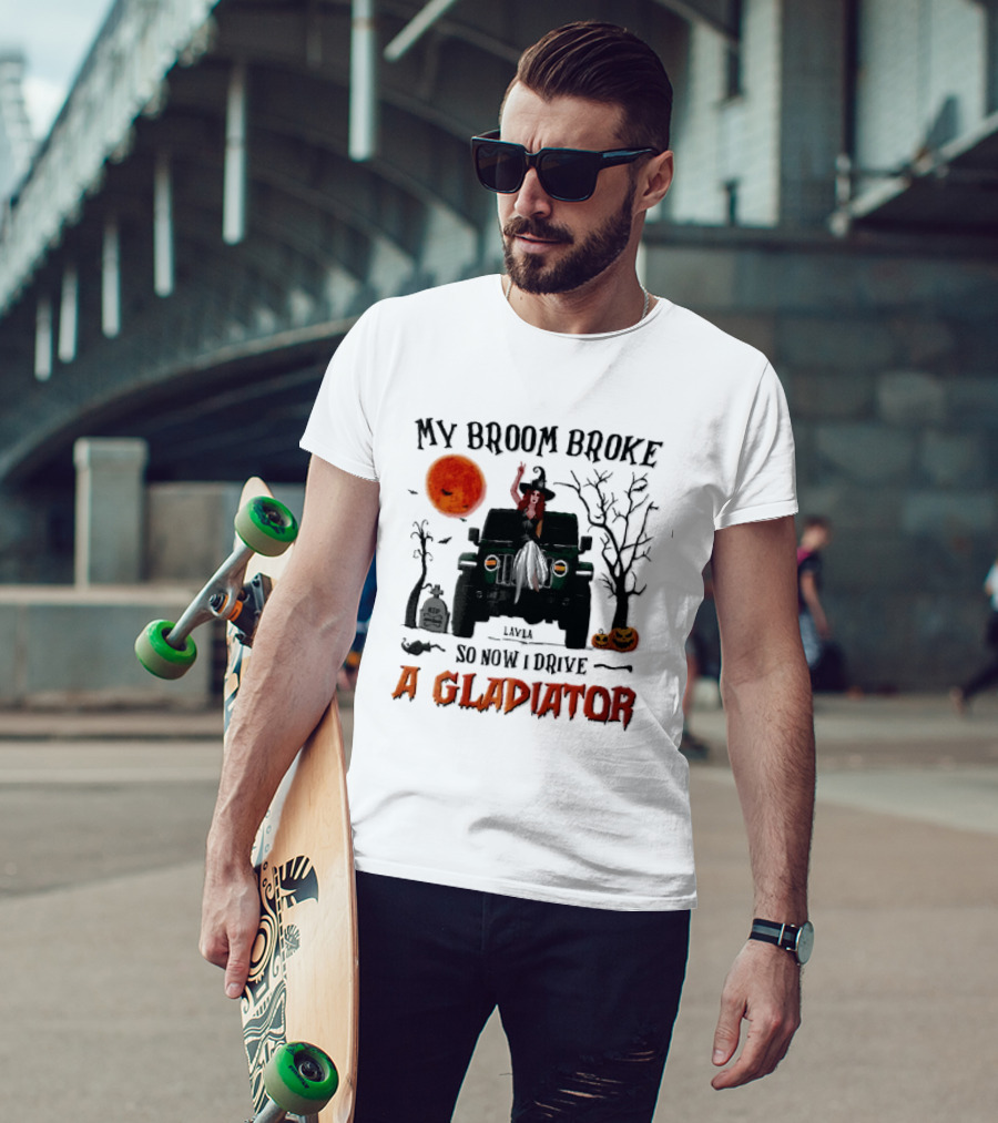 My Broom Broke So Now I Drive A Gladiator Witch Sitting On Green Truck With Pumpkins T-Shirt
