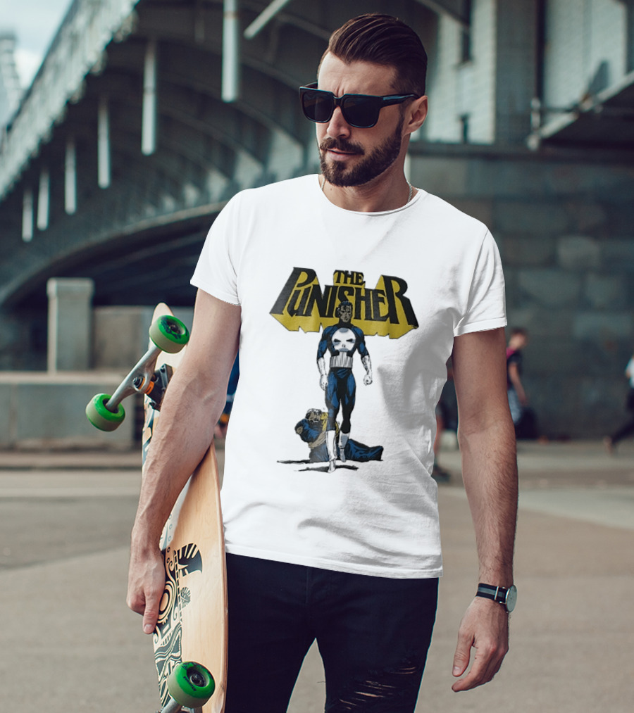 The Punisher Superhero Skull Comic Walking Scene With Defeated Man T-Shirt