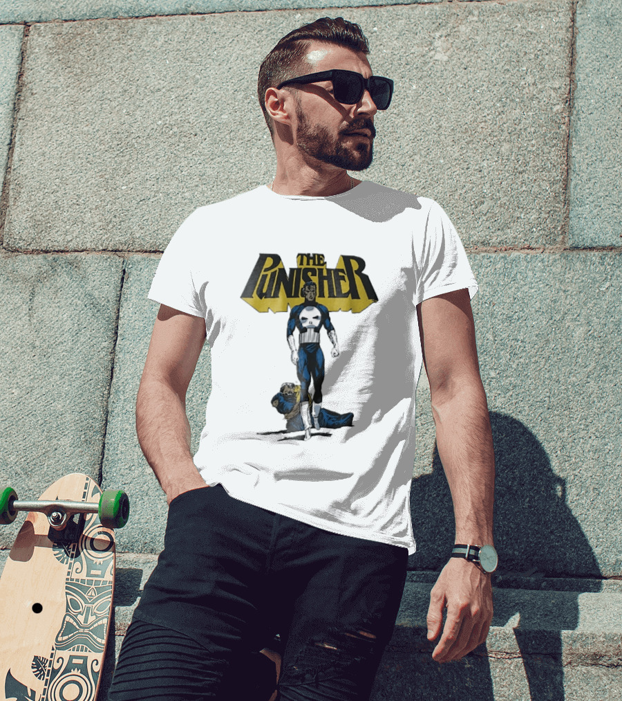 The Punisher Superhero Skull Comic Walking Scene With Defeated Man T-Shirt