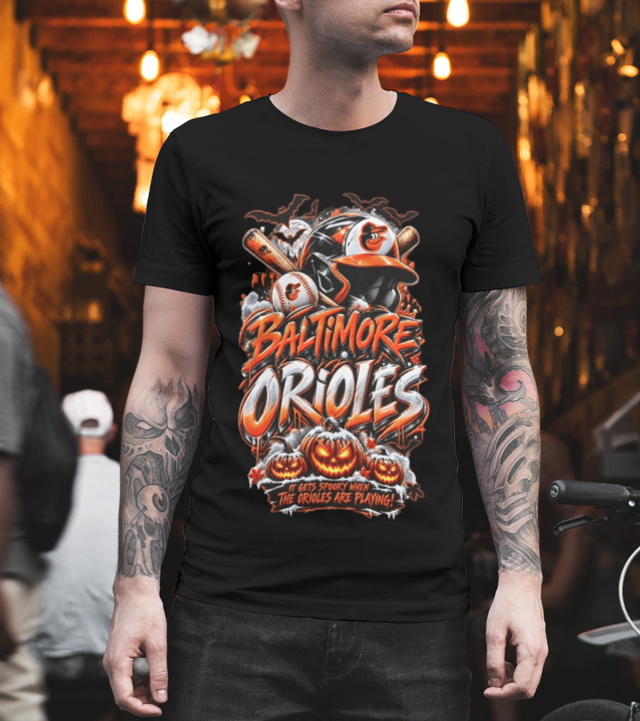 Baltimore Orioles MLB It Gets Spooky When They Are Playing Halloween Pumpkins Baseball T-Shirt