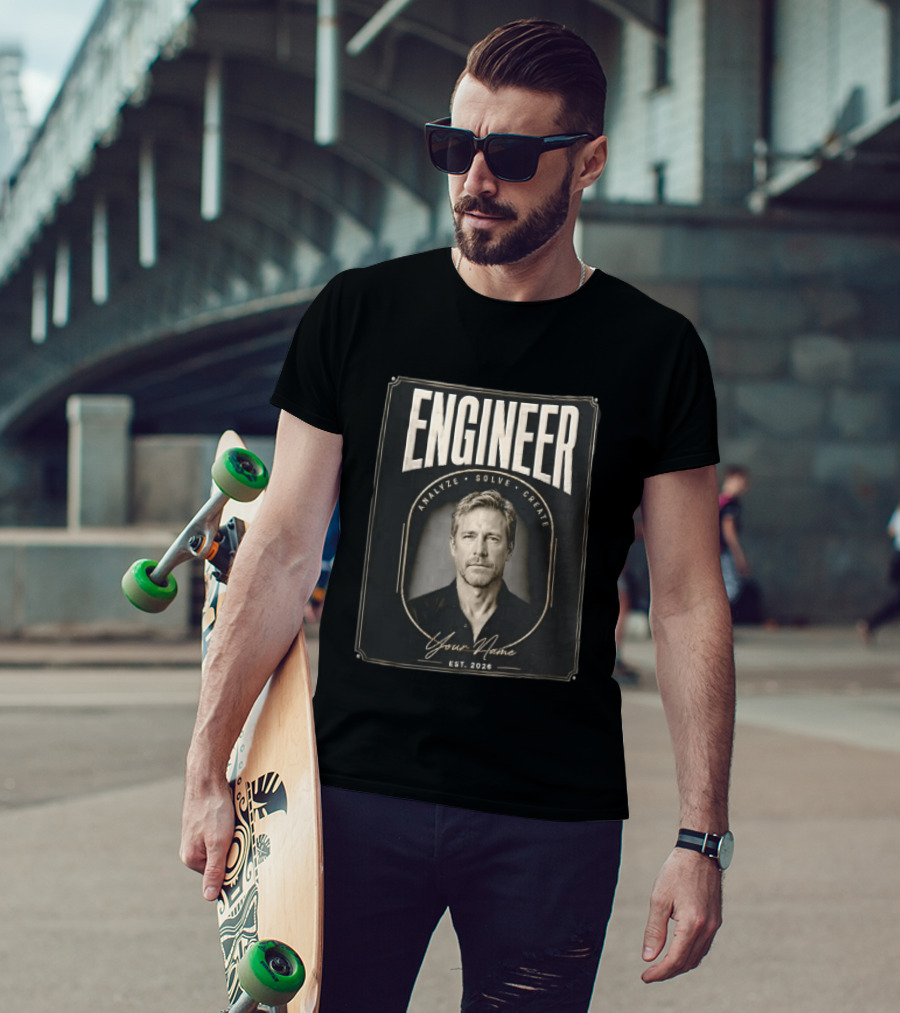 Engineer Analyze Solve Create Portrait Your Name Est 2026 Man Arch Gold Frame T-Shirt