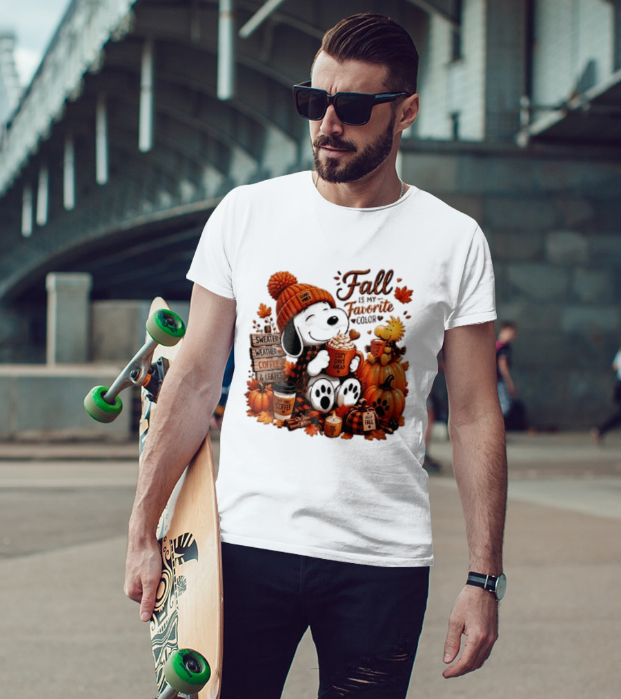 Fall Is My Favorite Color Sweater Weather Coffee Leaves Cozy Days Cartoon Dog Bird Pumpkins T-Shirt