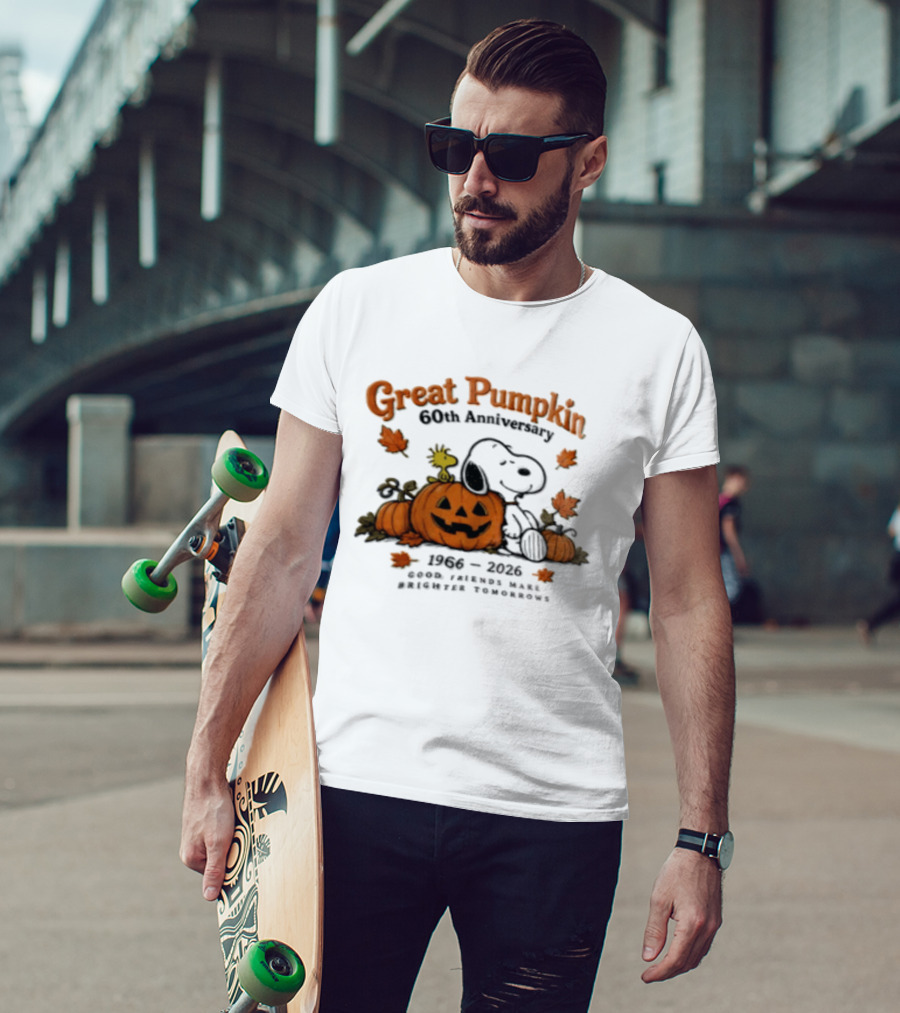 Great Pumpkin 60th Anniversary 1966 2026 Snoopy Woodstock Peanuts Good Friends Make Brighter Tomorrows T-Shirt