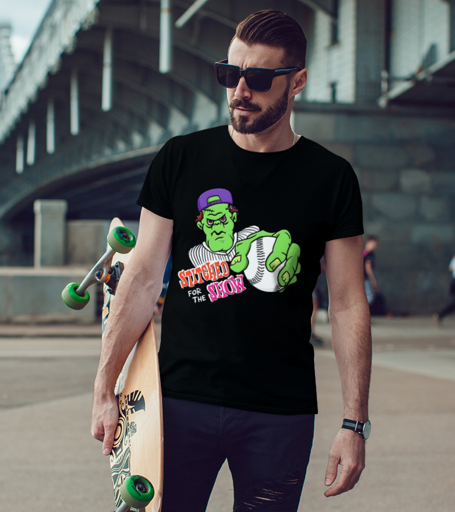 Stitched For The Show Baseball Monster Pitcher Cartoon T-Shirt
