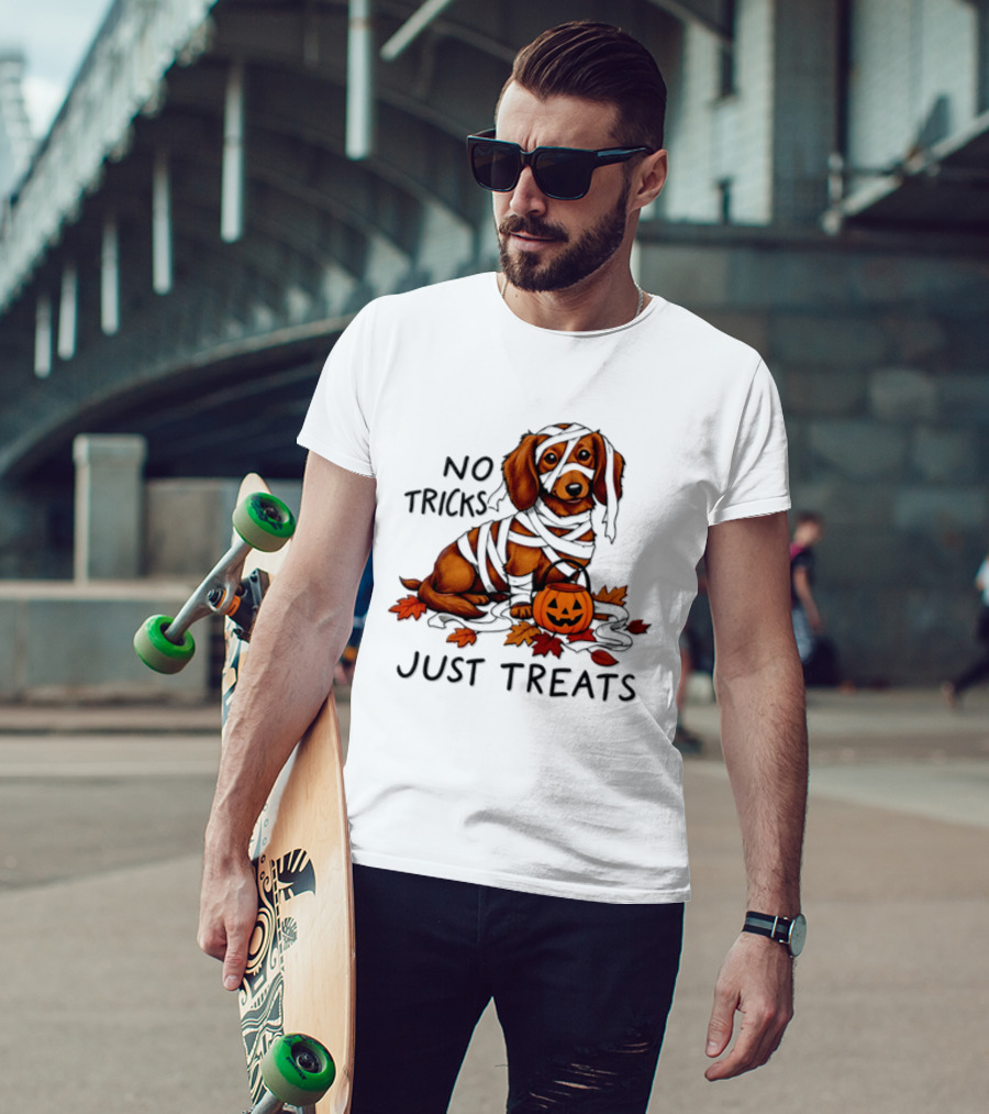 No Tricks Just Treats Dachshund Mummy Halloween Pumpkin Dog T-Shirt