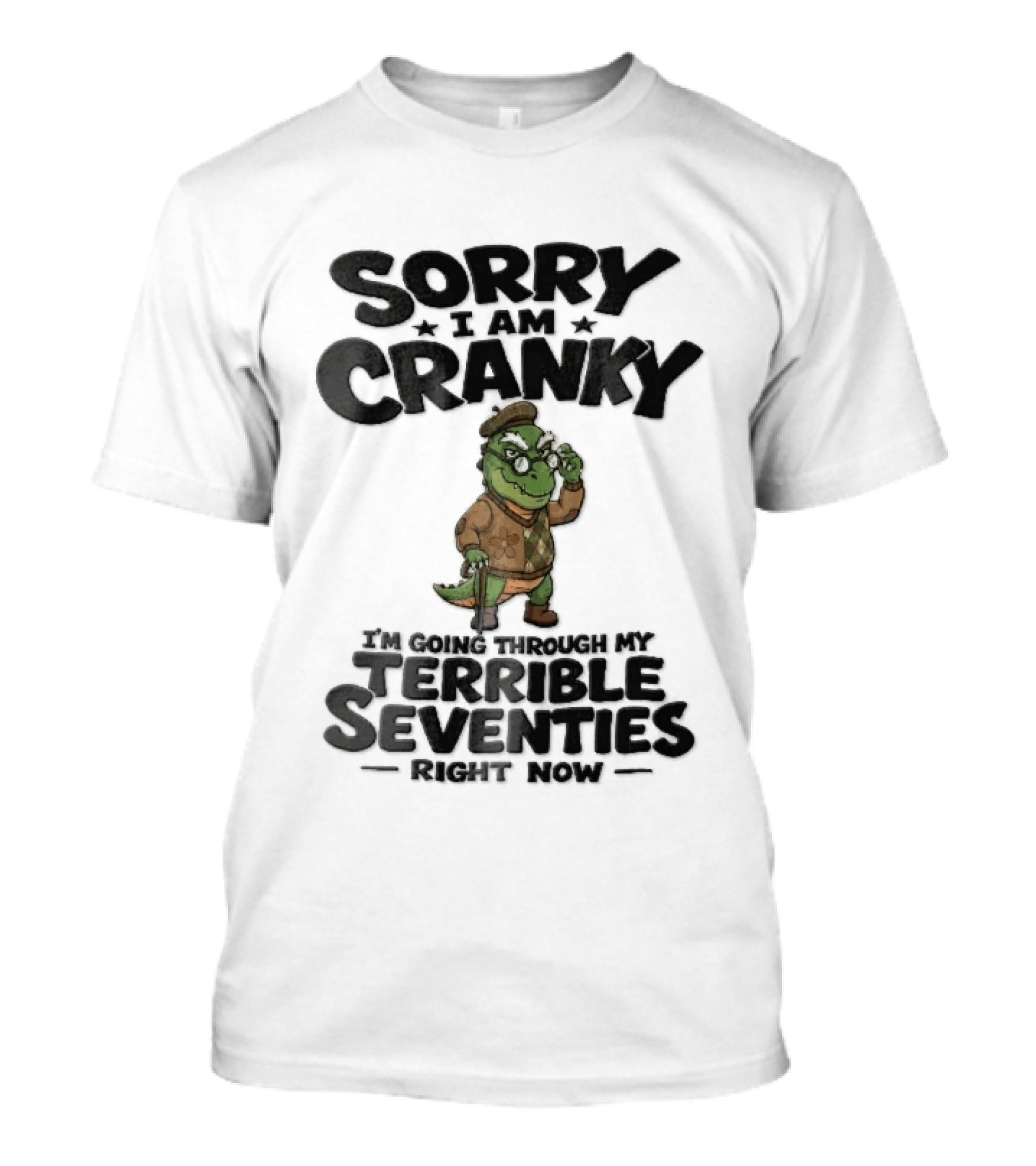 Sorry I Am Cranky Terrible Seventies Cartoon Elderly Alligator Cane Beret T-Shirt