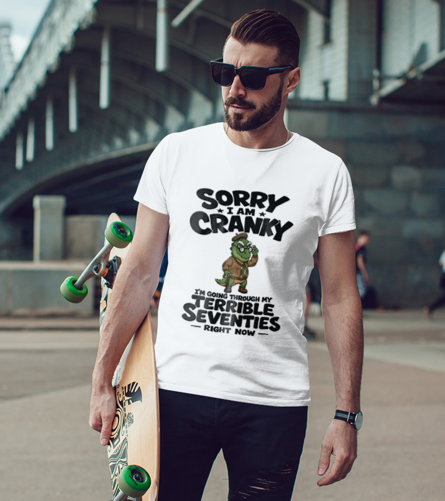 Sorry I Am Cranky Terrible Seventies Cartoon Elderly Alligator Cane Beret T-Shirt