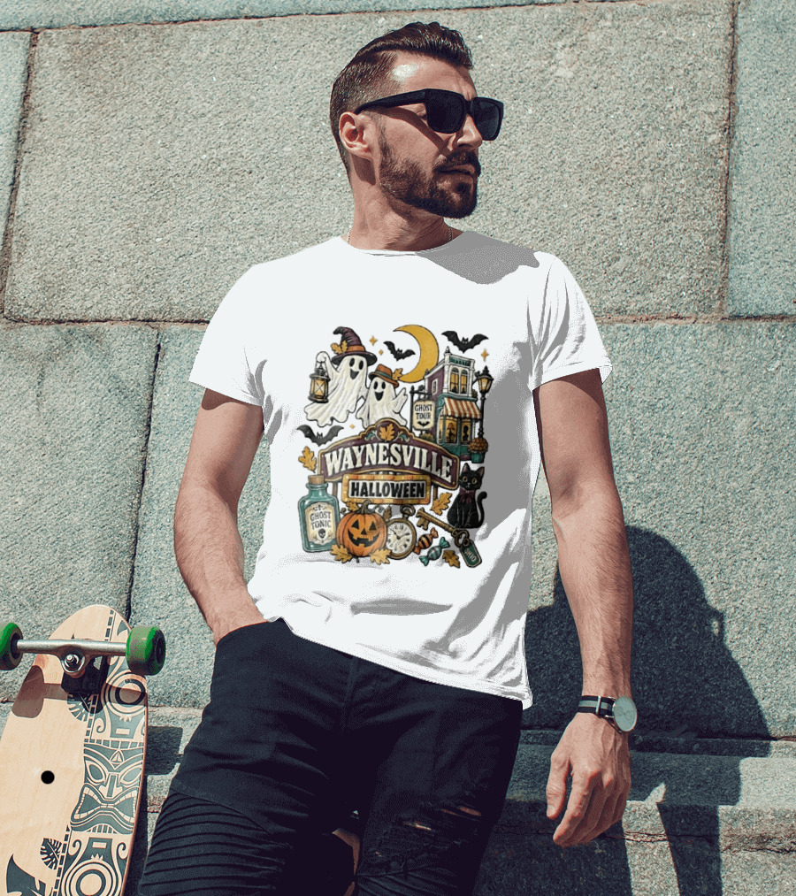 Waynesville Halloween Ghost Tour Ohio Cartoon Pumpkin Black Cat Crescent Moon Ghost Tonic Key T-Shirt