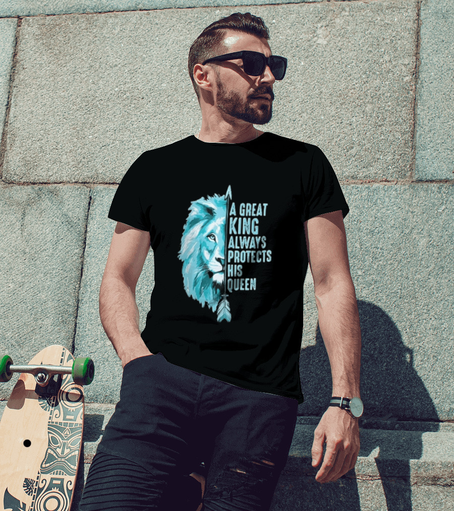 A Great King Always Protects His Queen Cyan Lion Vertical Feathers T-Shirt
