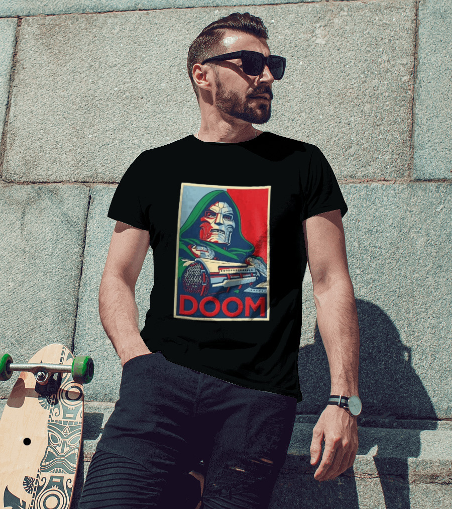 Doom Supervillain Mask Hooded Armored Gauntlets Red Blue T-Shirt