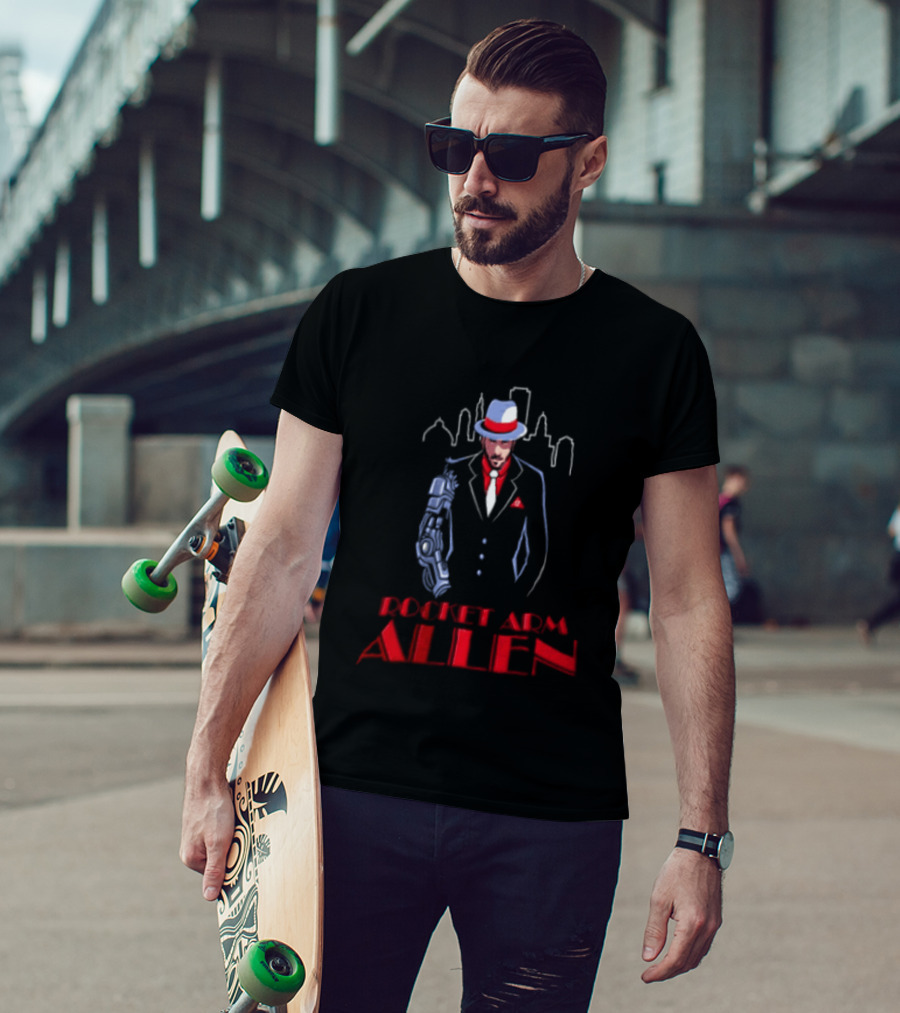Rocket Arm Allen Man In Suit With Cybernetic Arm City Skyline T-Shirt