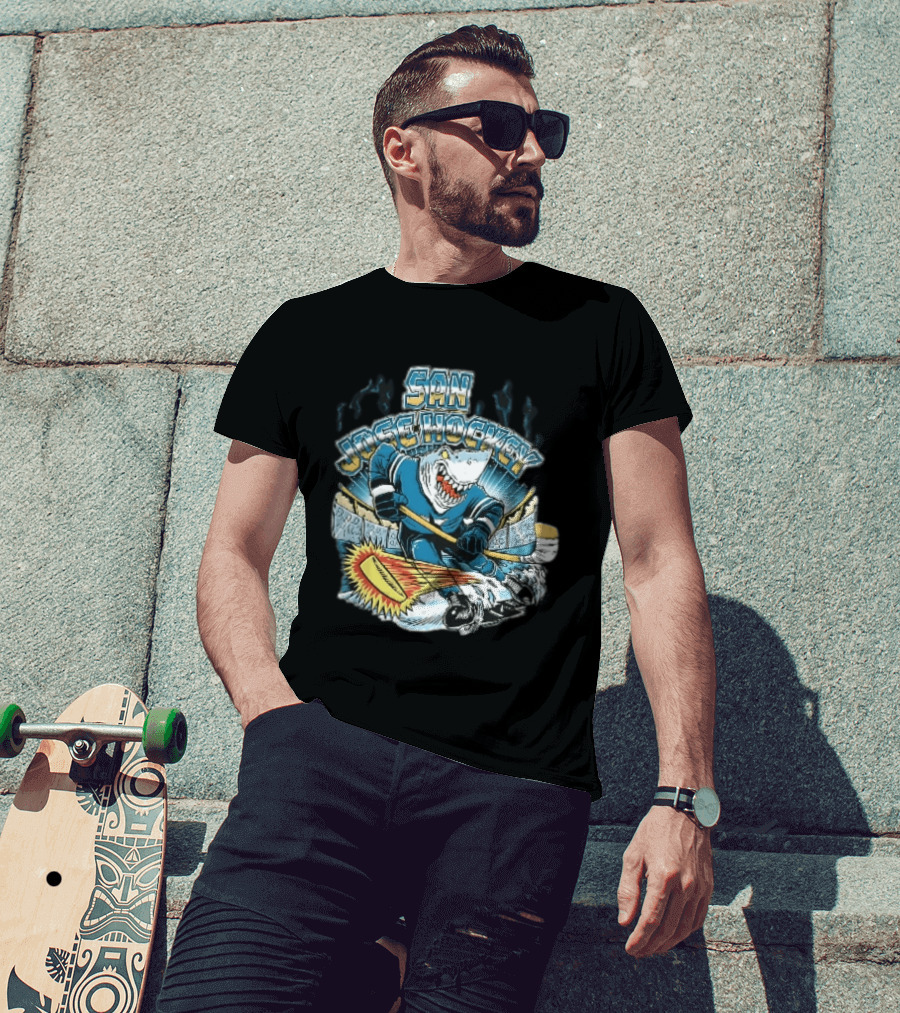 San Jose Hockey Cartoon Skating Shark Flaming Puck Ice Rink T-Shirt