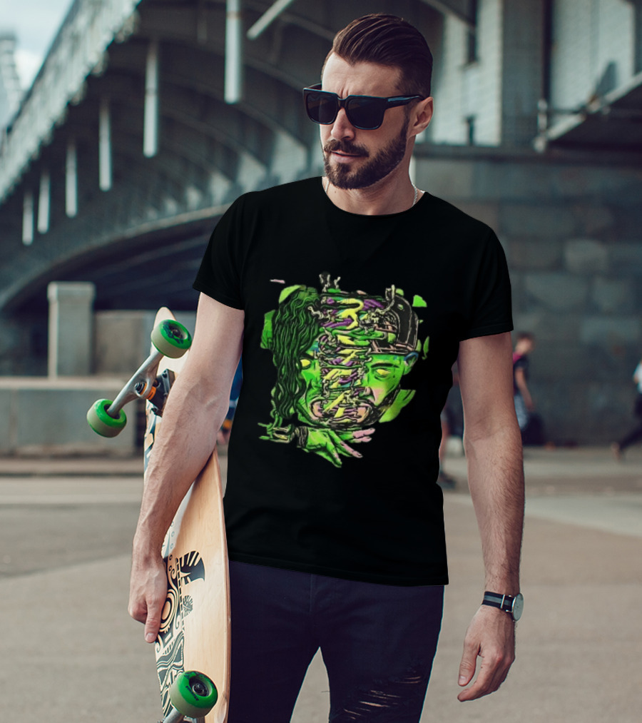 Split Green Head Glowing Yellow Eyes Neon Cartoon Halftone T-Shirt