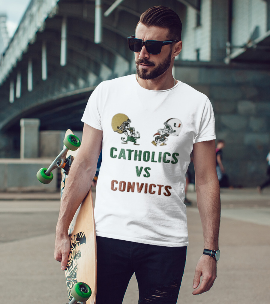 Notre Dame Fighting Irish Vs Miami Hurricanes Catholics Vs Convicts Cartoon Caricature T-Shirt