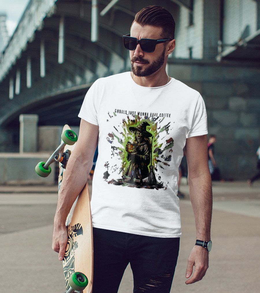 Ghouls Just Wanna Have Coffee Witch With Pumpkin And Broom Colorful Splatter T-Shirt