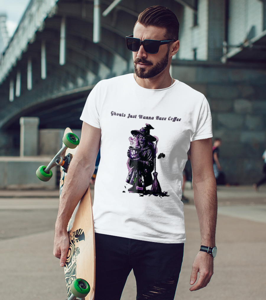 Ghouls Just Wanna Have Coffee Witch Holding Steaming Broomstick T-Shirt