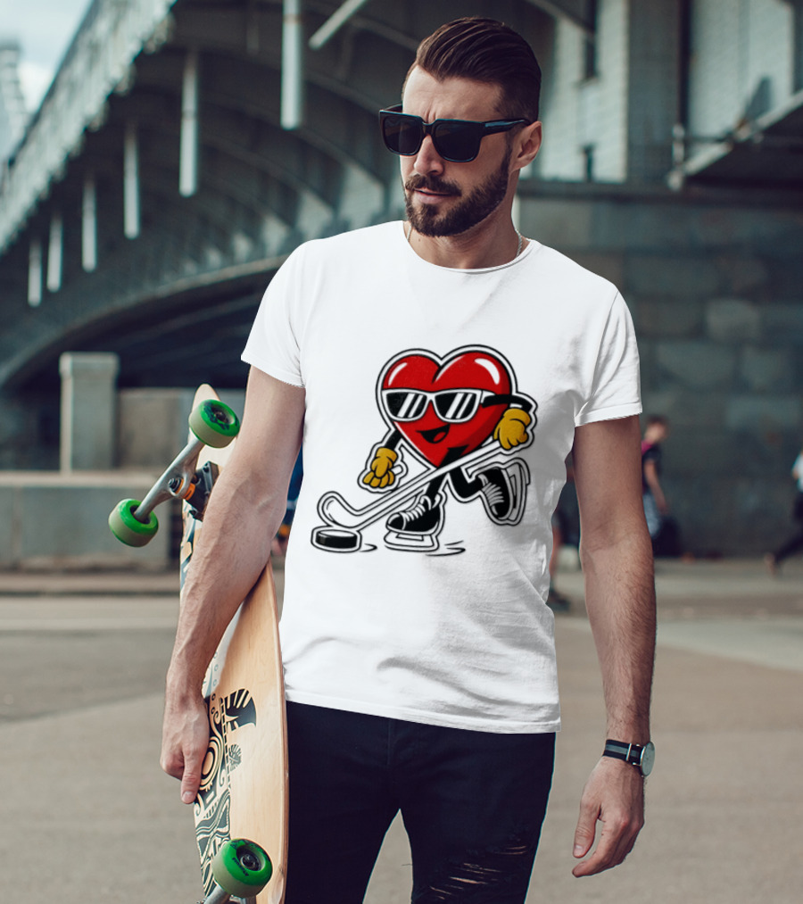 I Love Hockey Heart Character With Sunglasses And Stick T-Shirt