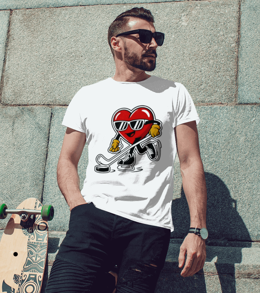 I Love Hockey Heart Character With Sunglasses And Stick T-Shirt