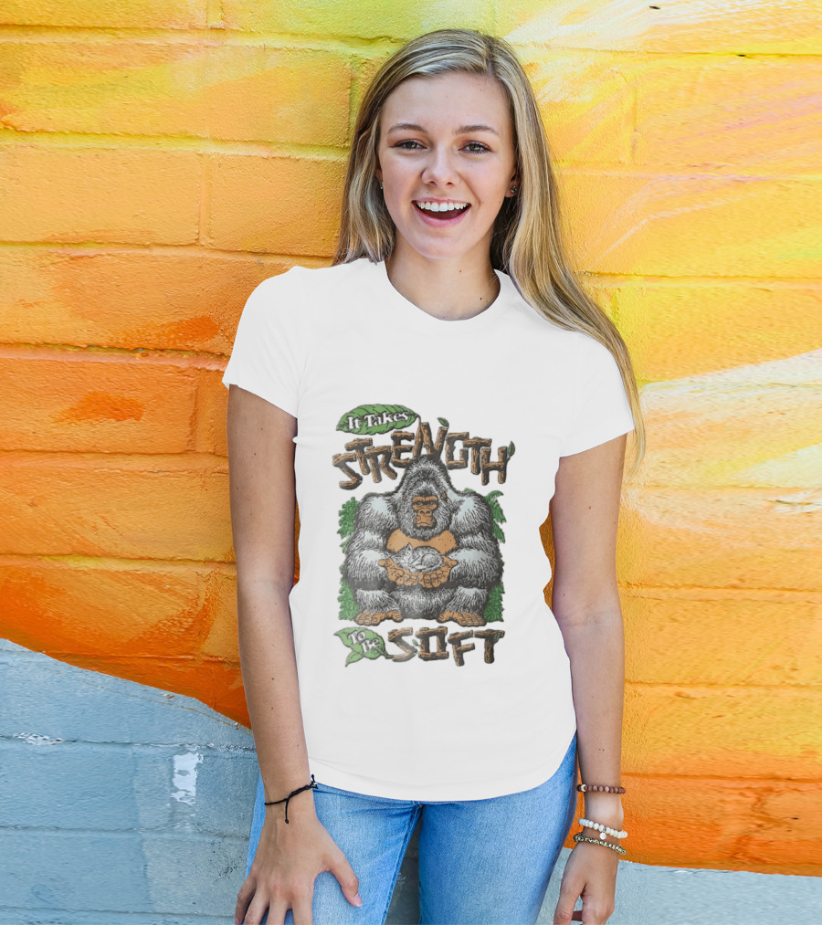 It Takes Strength To Be Soft Gentle Gorilla Holding Sleeping Kitten T-Shirt
