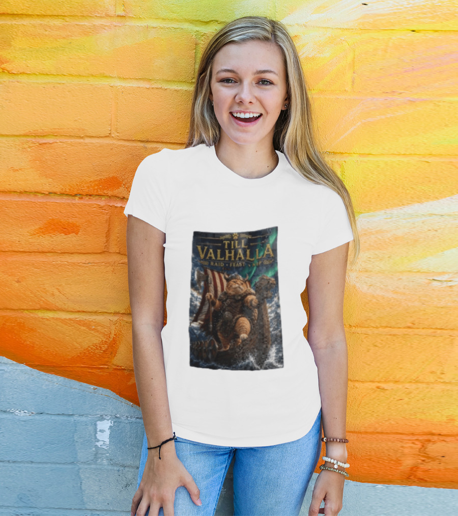 Till Valhalla Raid Feast Nap Viking Cat On Longship With Northern Lights T-Shirt