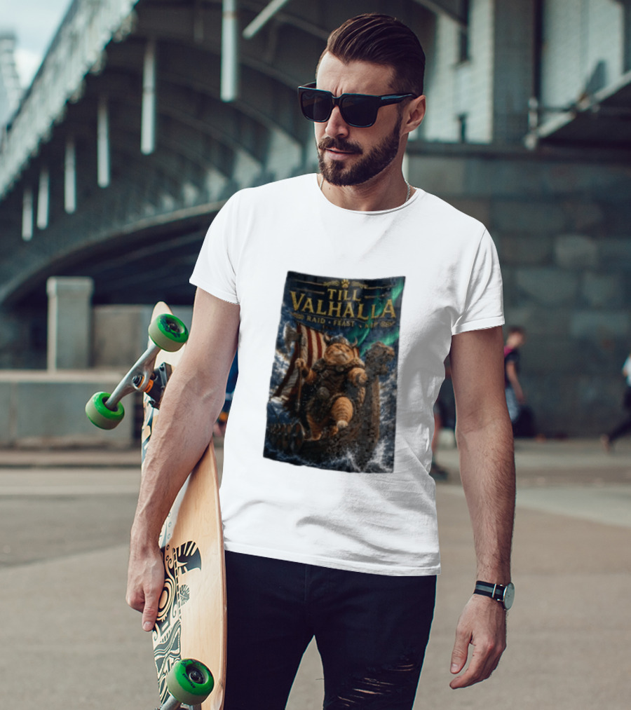 Till Valhalla Raid Feast Nap Viking Cat On Longship With Northern Lights T-Shirt