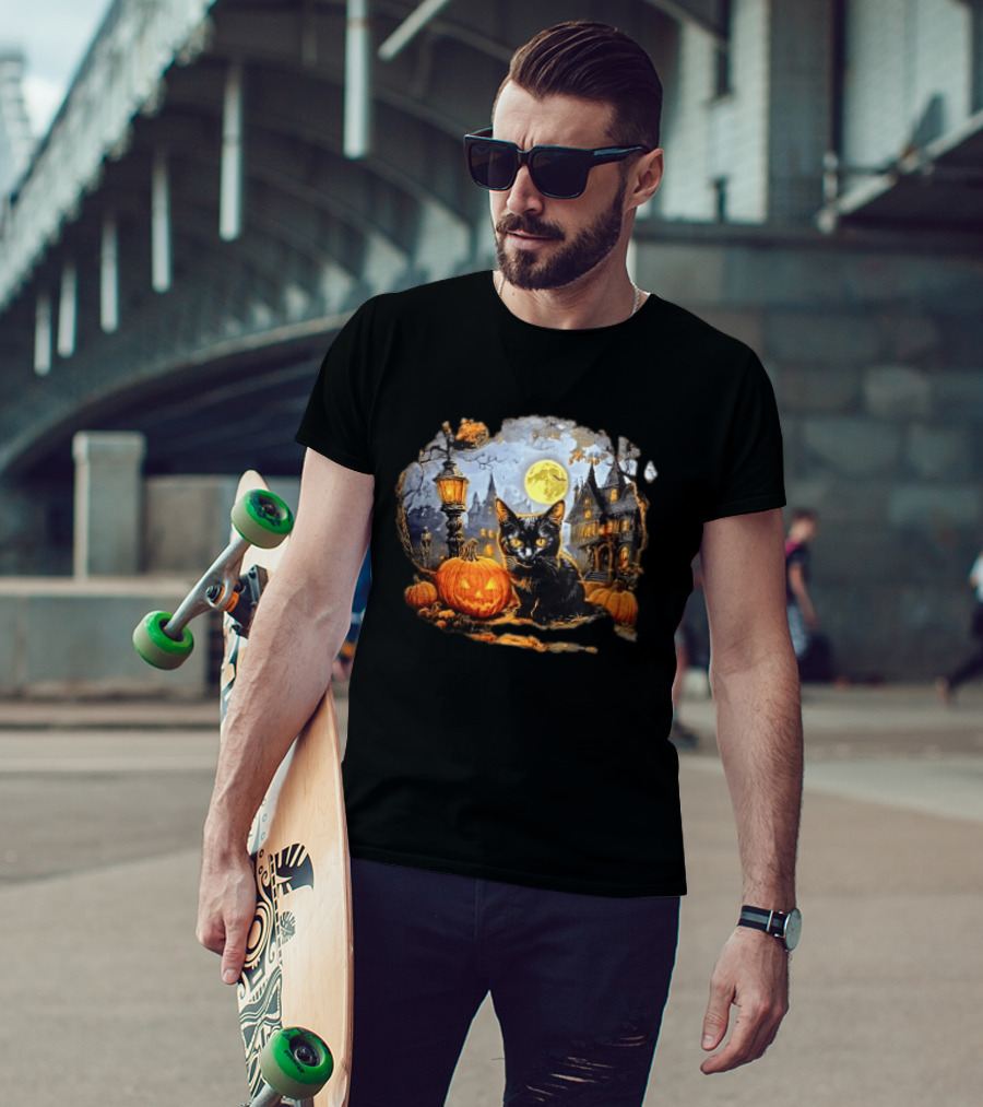 Black Cat Haunted House Pumpkin Full Moon Halloween Magic T-Shirt