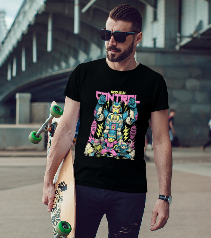 Mecha Cat Jesus Ninja Kittens God Is In Control Proverbs 3 6 T-Shirt