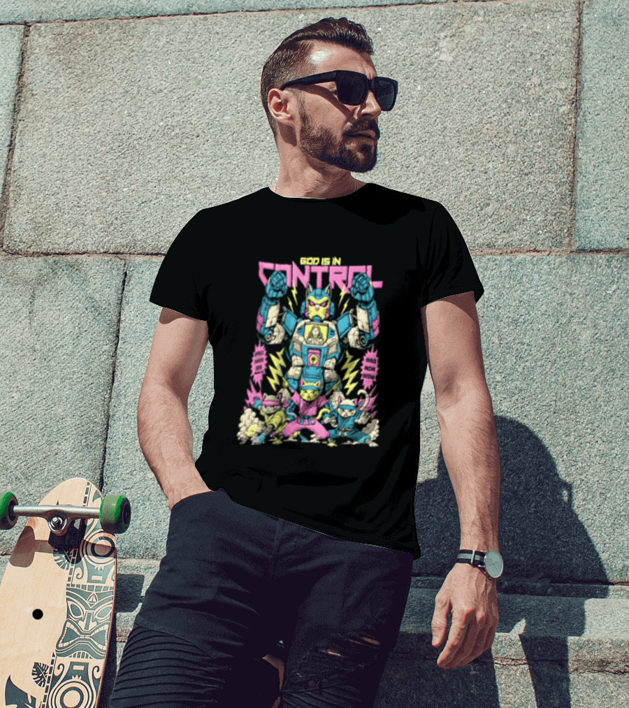 Mecha Cat Jesus Ninja Kittens God Is In Control Proverbs 3 6 T-Shirt