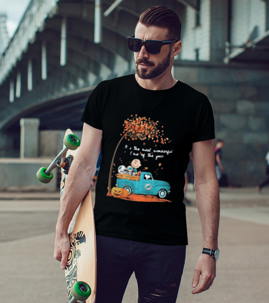 Miami Dolphins Charlie Brown Snoopy Pickup Truck Pumpkins Most Wonderful Time Of Year T-Shirt