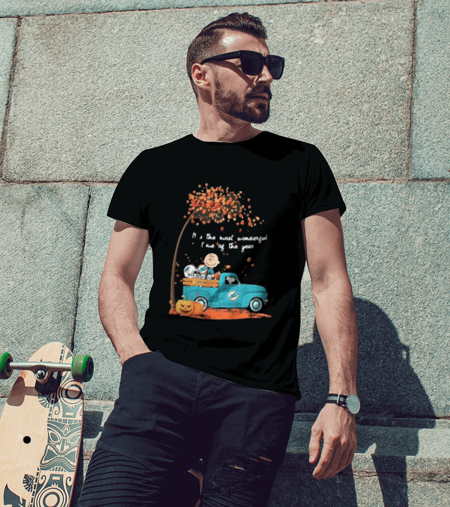 Miami Dolphins Charlie Brown Snoopy Pickup Truck Pumpkins Most Wonderful Time Of Year T-Shirt