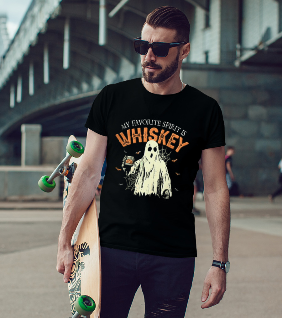 My Favorite Spirit Is Whiskey Ghost Holding Glass Bats Cobwebs Distressed T-Shirt